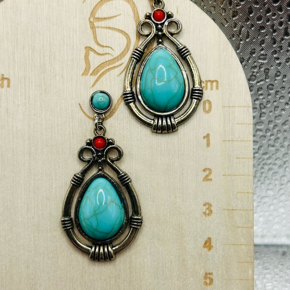 Blue and Red Intricate Earrings with Turquoise